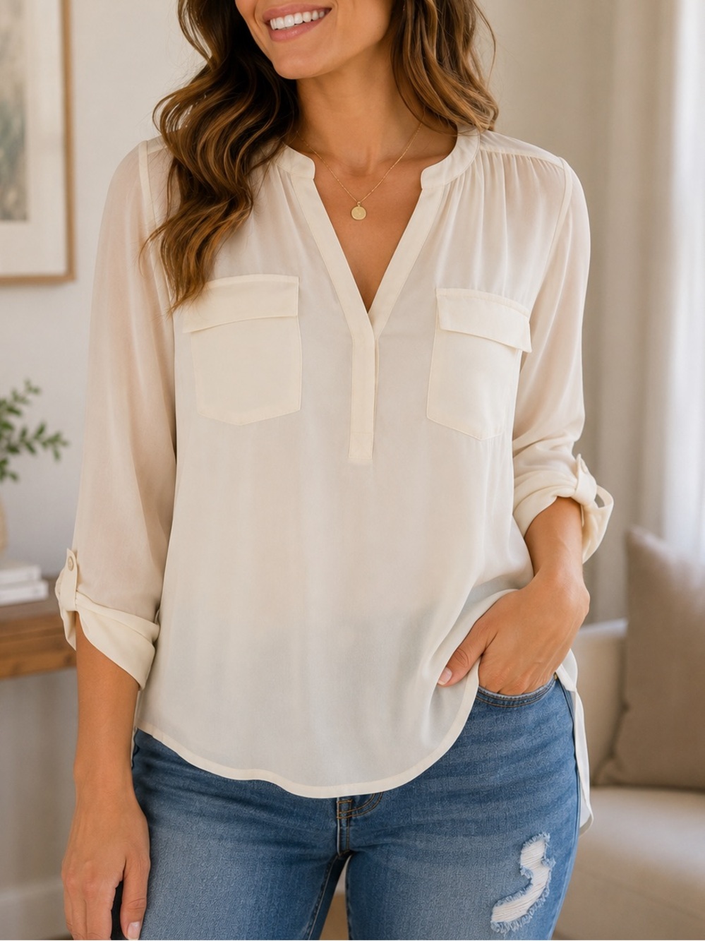 Torrid Size 1 Ivory Chiffon Split Neck Blouse Roll Tab Sleeve Top